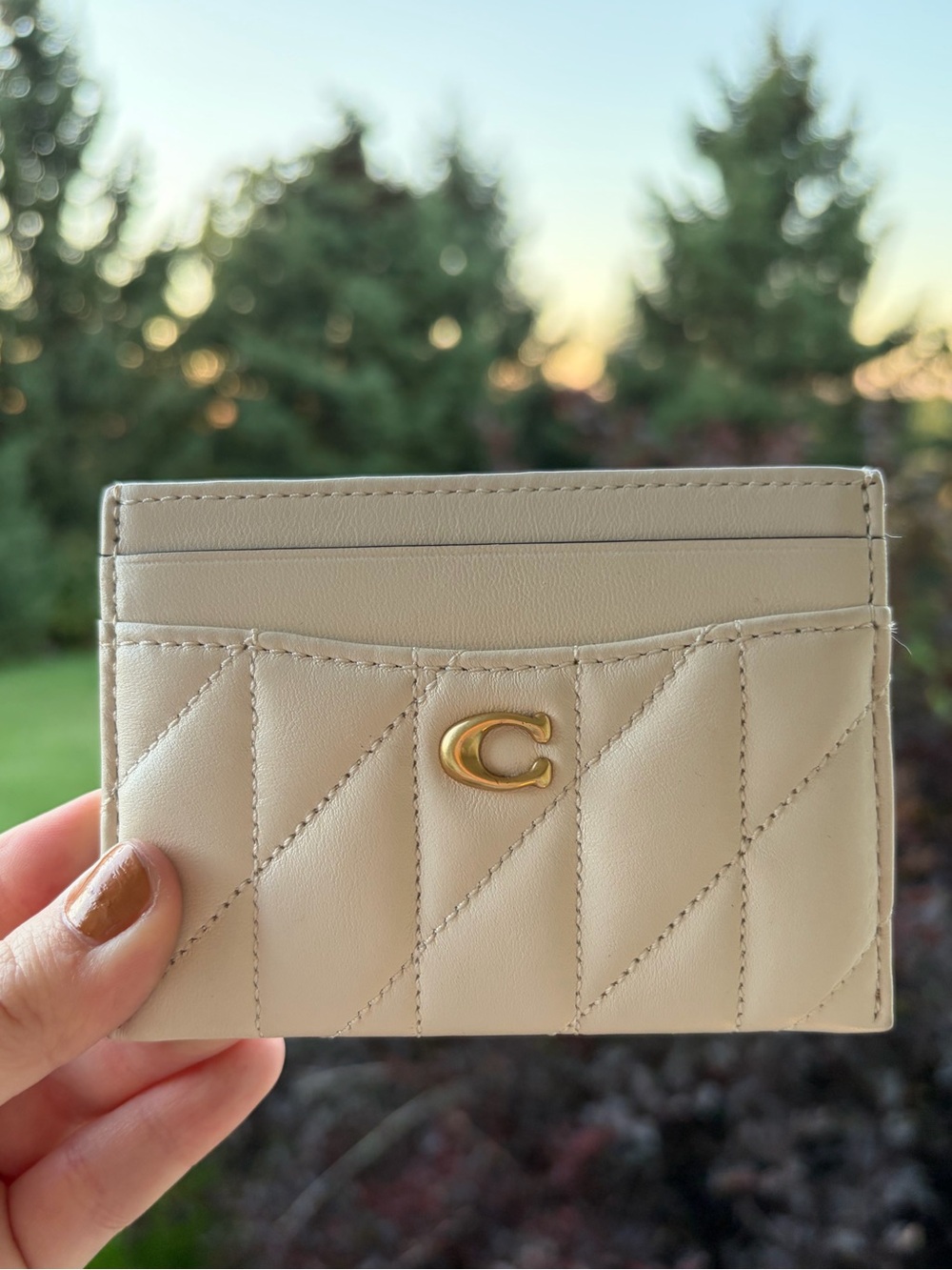 Coach ivory gold quilted pillow card case wallet